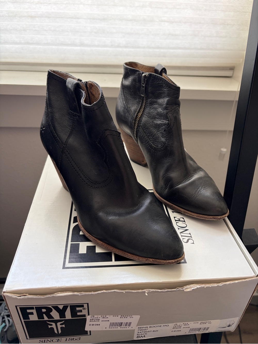 Frye Reina Black Leather Ankle Booties with Stacked Wood Heel